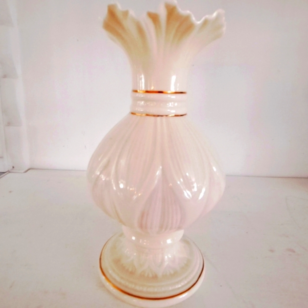 Vintage Irish Belleek Lotus Flower vase with gold accents and pink highlights